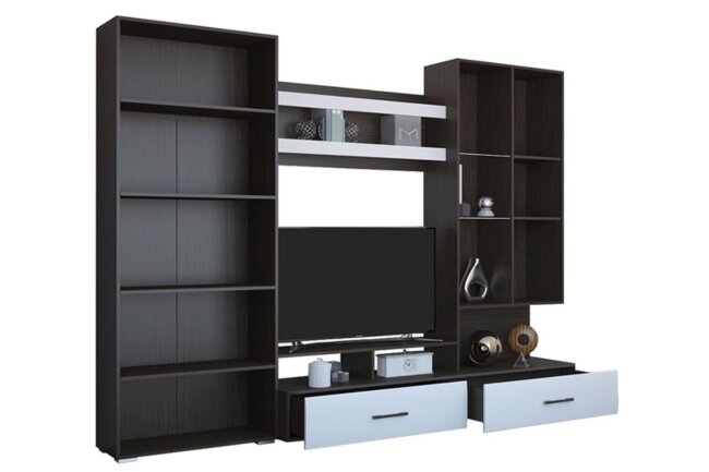 Гостиная ВЕГАС 1 (Ненси 1)  (2800х2000х442) МДФ глянец 170,0  кг  Цвет: Венге/белый глянец;  Шимо светлый/кофе с молоком	