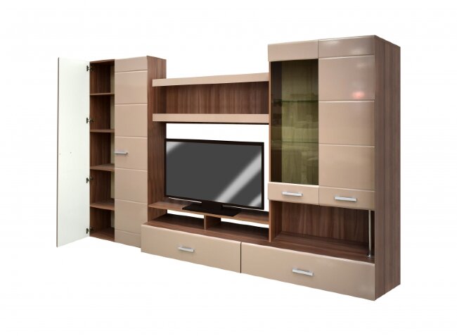 Гостиная ВЕГАС 1 (Ненси 1)  (2800х2000х442) МДФ глянец 170,0  кг  Цвет: Венге/белый глянец;  Шимо светлый/кофе с молоком	